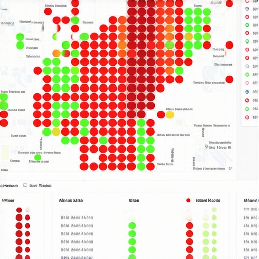 A heatmap showing Google Maps ranking positions across a local geographic area.