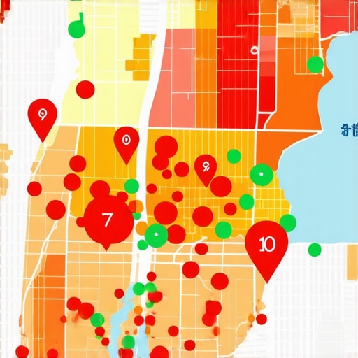 A visual representation of local map ranking performance using a grid of color-coded pins over a city map.