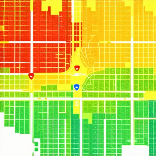 Local SEO Ranking Heatmap Visualization A digital heatmap showing local map ranking positions across different geographic coordinates.