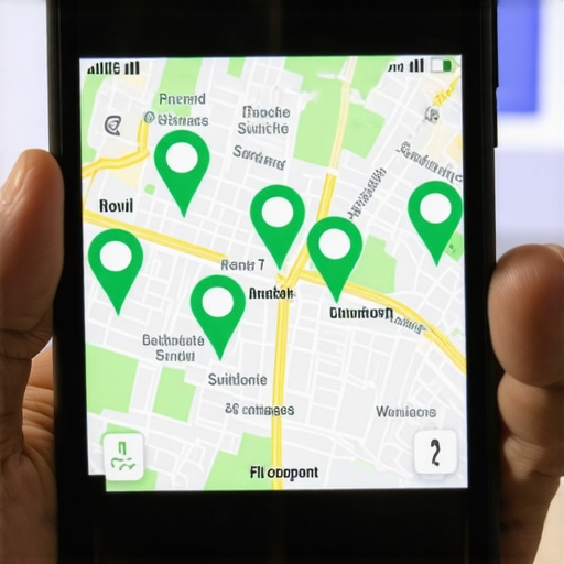 Local SEO Ranking Map and Dashboard A smartphone showing local search ranking pins and a data dashboard.