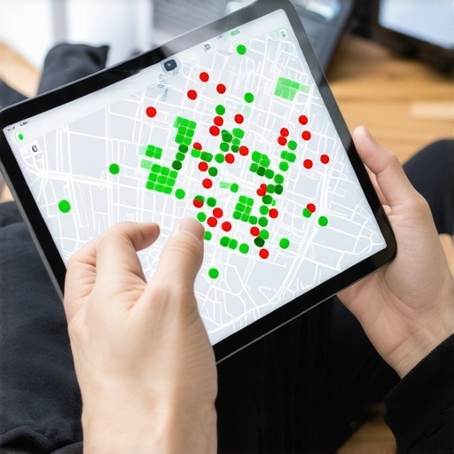 Local SEO heat map analysis A tablet showing a local search ranking heat map for a business listing.