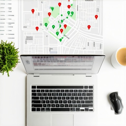 A laptop display showing a local ranking grid with green and red nodes indicating map visibility levels.