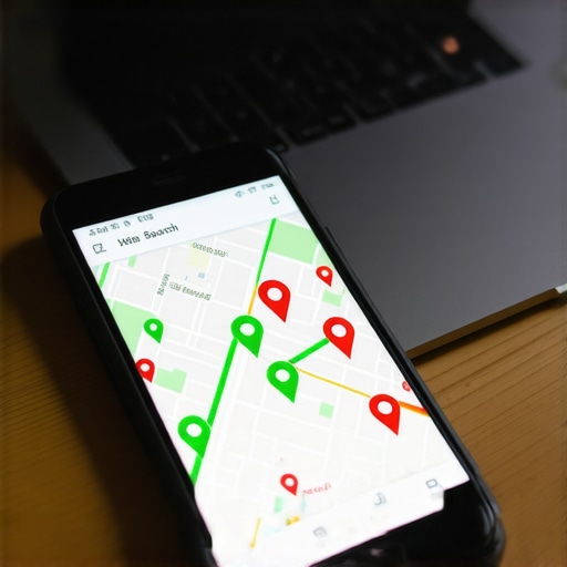 Smartphone screen showing local search grid tracking map on a wooden desk