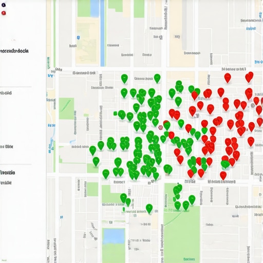 A visual representation of local SEO rank tracking across a geographic area using a grid of colored nodes.