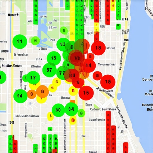 A heatmap grid showing Google Maps rankings across different geographic points in a city.
