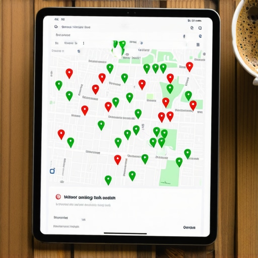A digital heatmap showing business ranking pins across a local map area on a tablet.