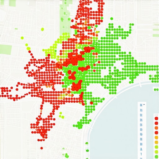 A digital map showing local SEO ranking positions across a neighborhood grid.