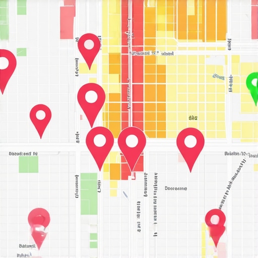 A heat map showing local search visibility for a business across a geographical area.
