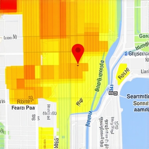 Local search proximity heat map visualization A map showing local search ranking density around a central business location.
