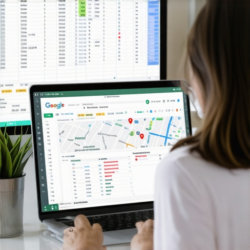 Manual Local SEO Audit and Map Optimization A close-up of a digital map and a detailed spreadsheet used for manual citation auditing and map health improvement.