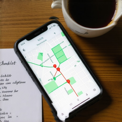 A smartphone displaying a local SEO geo-grid rank tracker next to a maintenance checklist.