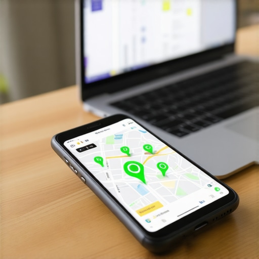 A smartphone showing local search grid tracking metrics next to a laptop on an office desk.