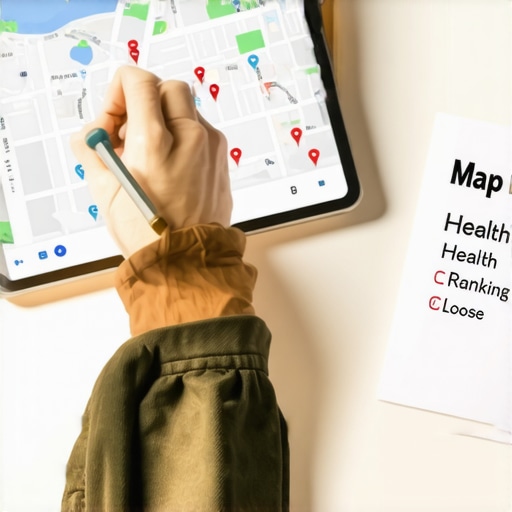 SEO professional analyzing a local map ranking grid on a tablet for business maintenance.