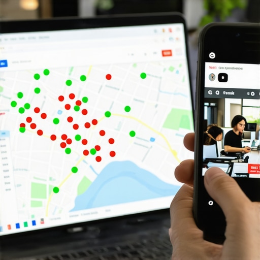 Monitoring Local Map Rankings and Video Content Strategy A dashboard showing local search grid rankings alongside a person filming a business video.