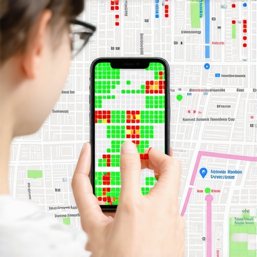 A screenshot of a local rank tracking tool showing a grid of ranking positions over a city map for SEO analysis.