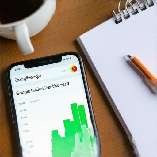 Monitoring Map Ranking Analytics on Mobile Smartphone displaying Google Business Profile performance charts on a desk
