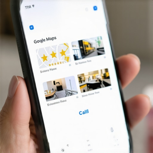 Optimized Google Maps Business Profile on Smartphone Close-up of a high-ranking Google Maps business listing showing reviews and photos