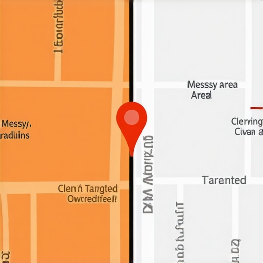 Map showing the difference between a broad service area and a targeted local service area for better Google Maps visibility.