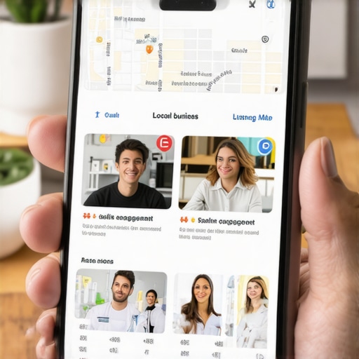 A smartphone showcasing an optimized local business map listing with authentic team photos and high engagement