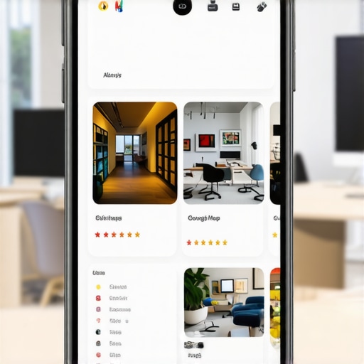 Optimizing Google Maps Profile with Visual Data Smartphone displaying a fully optimized Google Maps business listing with photos and high ratings.