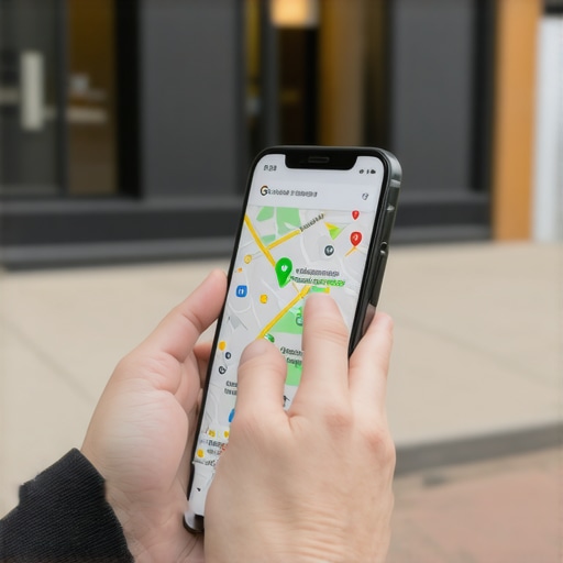 Optimizing Local Business Listings on Mobile A person using a smartphone to search for a business on Google Maps in front of a physical store.