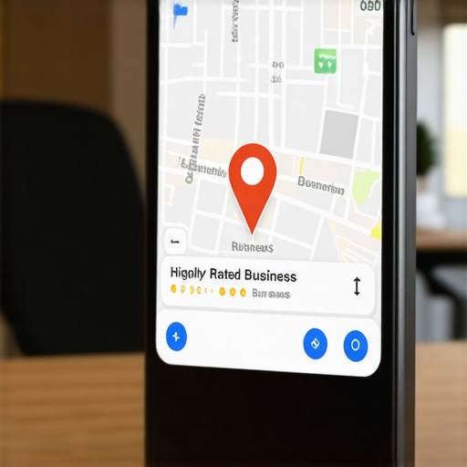 A smartphone displaying a local map listing showing high search visibility and optimized business details.