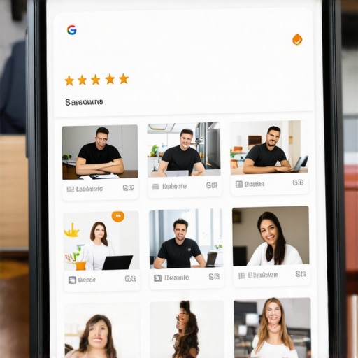 Optimizing a Google Business Profile with authentic team photos A smartphone showing a well-optimized local business listing with team photos and five-star reviews
