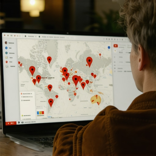 Business owner analyzing local map ranking pins on a laptop.