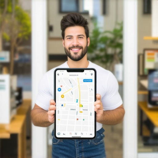 Business owner using a tablet to update their Google Maps listing in front of their store.