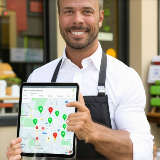 Optimizing local business profile for map rankings A business owner reviewing local SEO rankings on a map