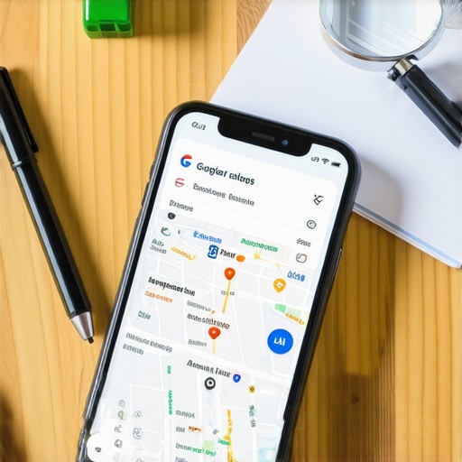 A smartphone showing optimized Google Maps business listing with maintenance tools on a desk