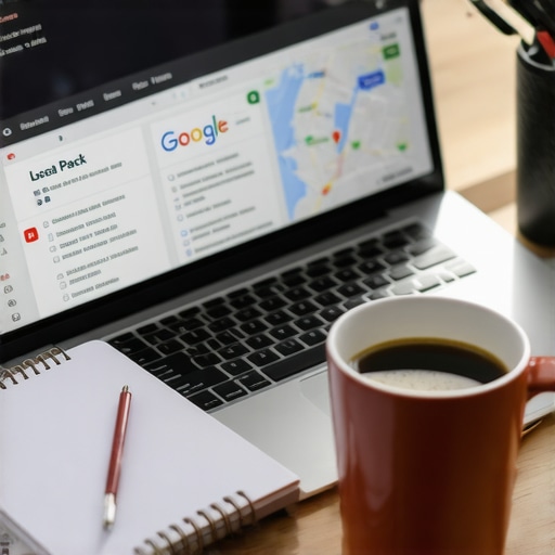 Professional Local SEO Maintenance Workspace A laptop showing local map rankings next to a business checklist and coffee.