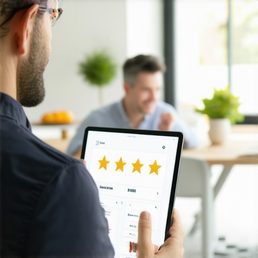 Technician capturing a customer review on a tablet during a home service visit
