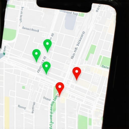 Smartphone showing a local search grid tracker with rank positions across a city map.