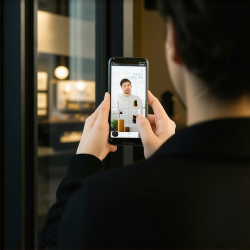 A business owner using a smartphone to photograph their storefront for a Google listing update.