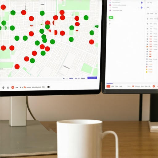 A desk with monitors displaying a Google Maps ranking grid and local SEO data metrics.