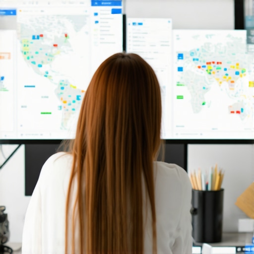 A business owner monitoring local map search rankings on a dual-monitor office computer.