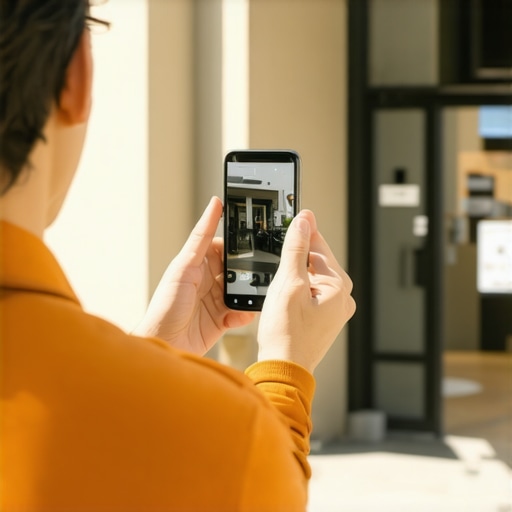 Business owner taking a photo of their storefront for local SEO updates.