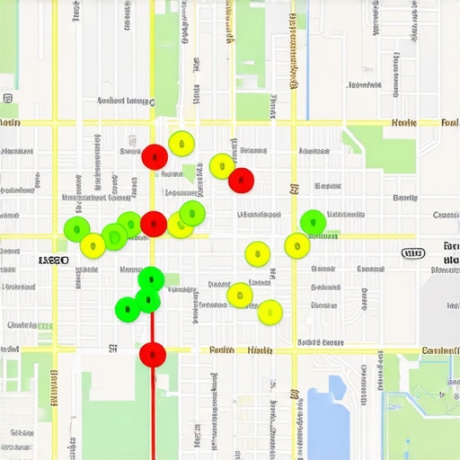 Local SEO heatmap showing ranking fluctuations in different neighborhoods.