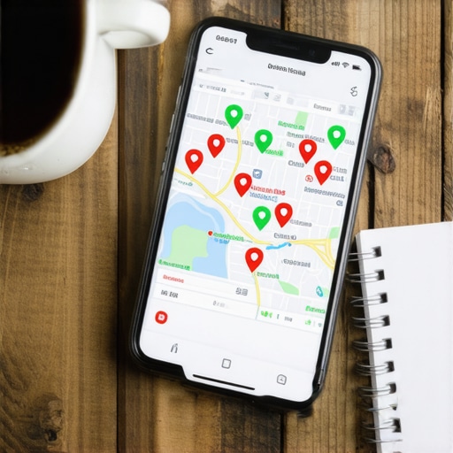 Local SEO rank tracking grid showing business visibility across various city blocks on a smartphone screen.