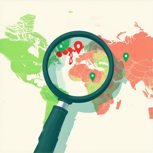 A conceptual illustration of a map health audit showing search visibility data and local ranking metrics.