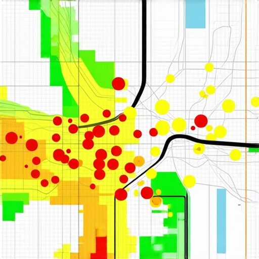 Digital SEO heatmap showing Google Maps ranking positions across different neighborhoods in a city.