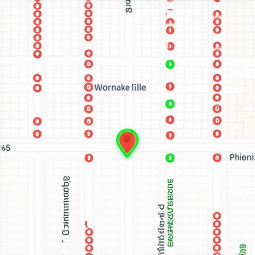 A screen capture of a local ranking grid tool showing green and red performance markers on a city map.