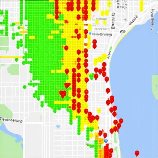 A heatmap illustrating local SEO ranking coverage across different geographic points in a city.