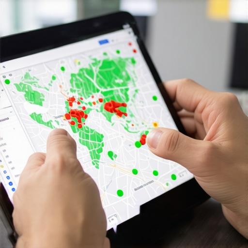 A digital SEO heatmap showing Google Maps ranking positions across a city.