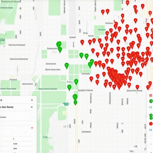 Visualizing Map Ranking Heatmaps A local SEO heatmap tool showing green and red pins across a city map to track business ranking positions.