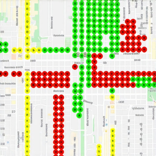 A map showing a local SEO ranking grid with green and red nodes representing search visibility levels.