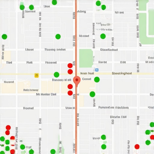 A local search ranking grid report showing how visibility drops off based on geographical distance from a business location.